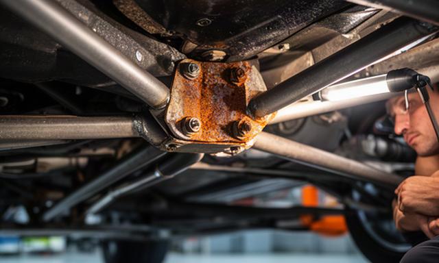 Onderzijde van een raceauto met chassisbevestiging waar roest en mogelijke impactsporen worden gecontroleerd