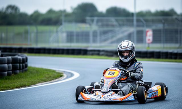 Jonge karter in beschermende kleding op een Nederlandse kartbaan tijdens een rustige trainingsronde