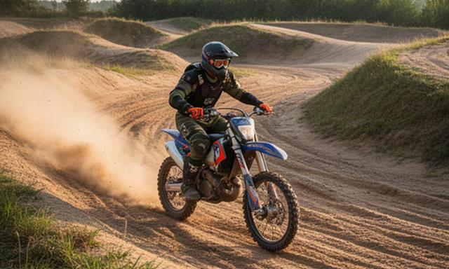 Motocrossrijder op een zandig off-roadcircuit met beschermende kleding en helm in Limburg