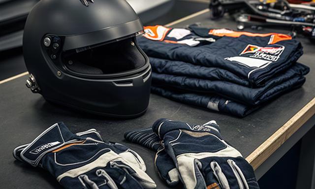 Detail van racehandschoenen, helm en brandwerend pak op een werkbank naast een raceauto