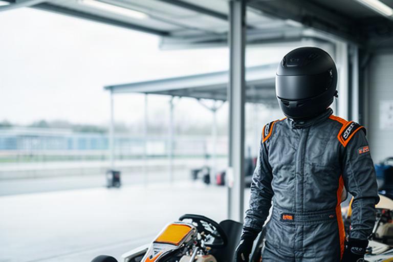 Karter met helm en volledig pak naast een kart in een overdekte paddock