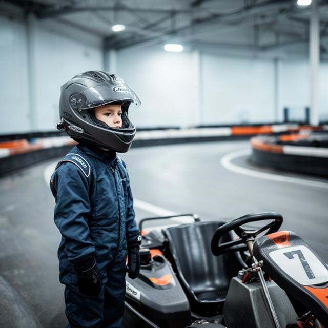 Jonge karter met helm naast een kart op een overdekte Nederlandse kartbaan