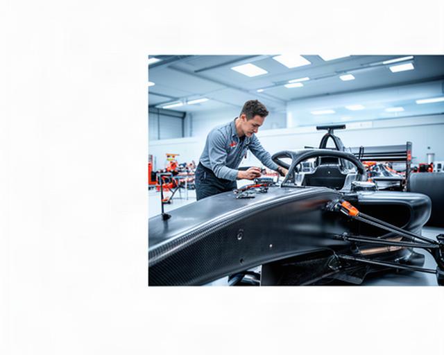 Technicus inspecteert een koolstofvezel monocoque naast een raceauto in een verlichte werkplaats