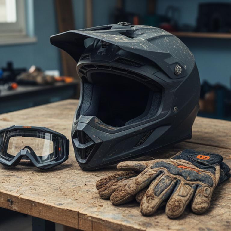 Open motocrosshelm met losse bril op een werkbank naast modderige handschoenen