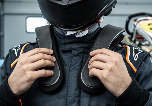 Nekbescherming op een kartpak tijdens een pasmoment in een garage