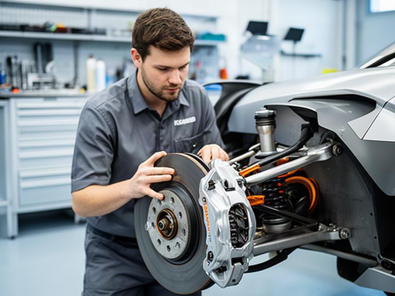 Monteur controleert remmen en wielophanging van een raceauto in een goed verlichte werkplaats