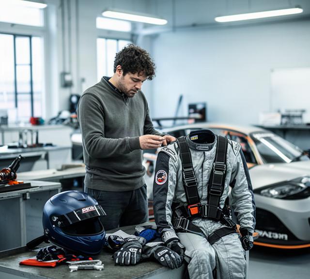 Motorsportliefhebber bekijkt veiligheidsuitrusting naast een raceauto in een Limburgse werkplaats
