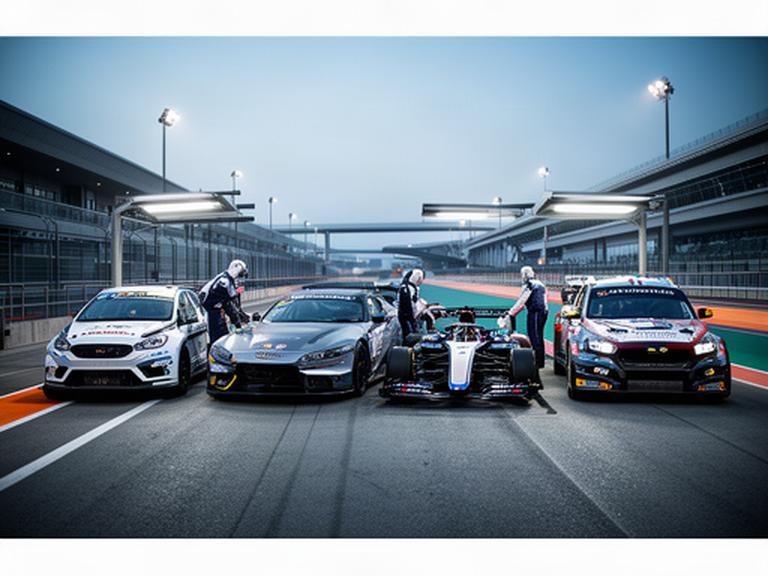 Verschillende raceauto's naast elkaar op een verlicht circuit tijdens een technische inspectie